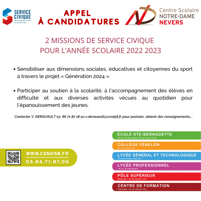 Appel à candidatures : 2 missions de service civique pour l'année scolaire 2022 2023
