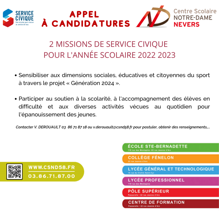 Appel  à candidatures : 2 missions de service civique  pour l'année scolaire 2022 2023